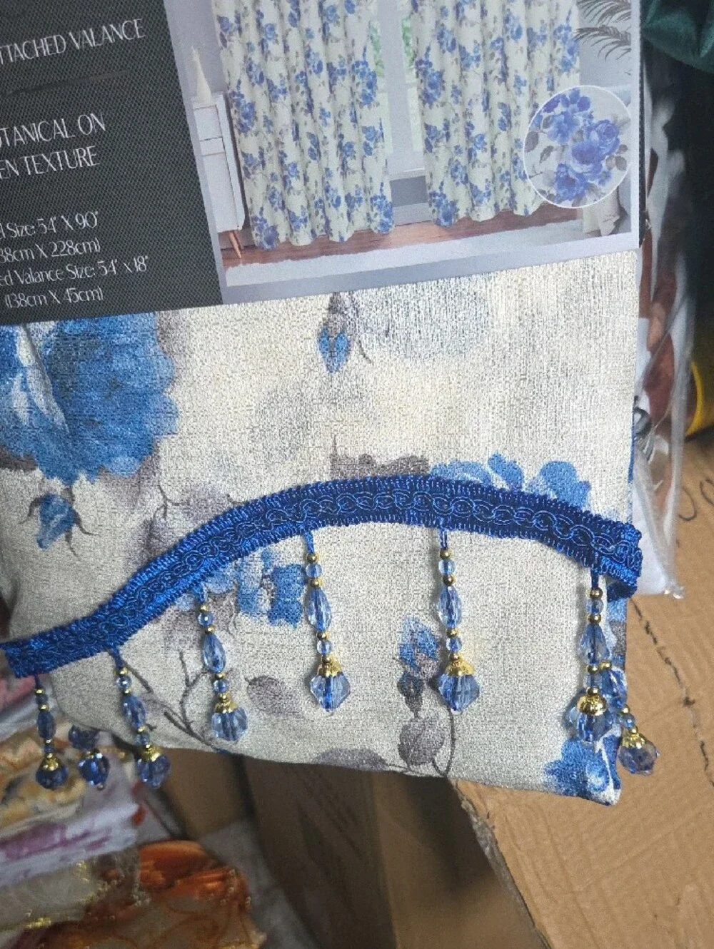 Rouge Helium Blue and Cream Floral Rod-Pocket Curtain Panel with Valance
